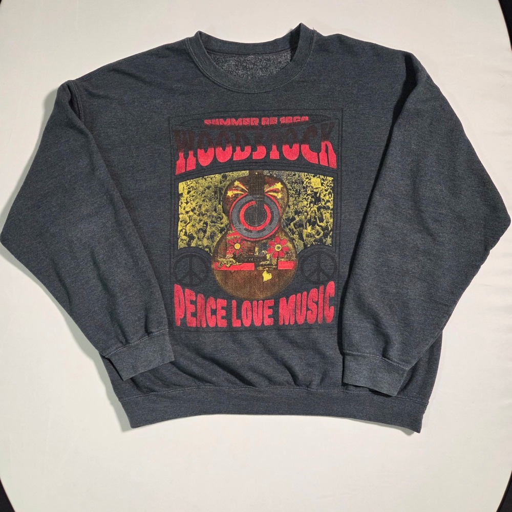 Mens Woodstock Peace Love Music Graphic Sweatshirt Charcoal Gray Large